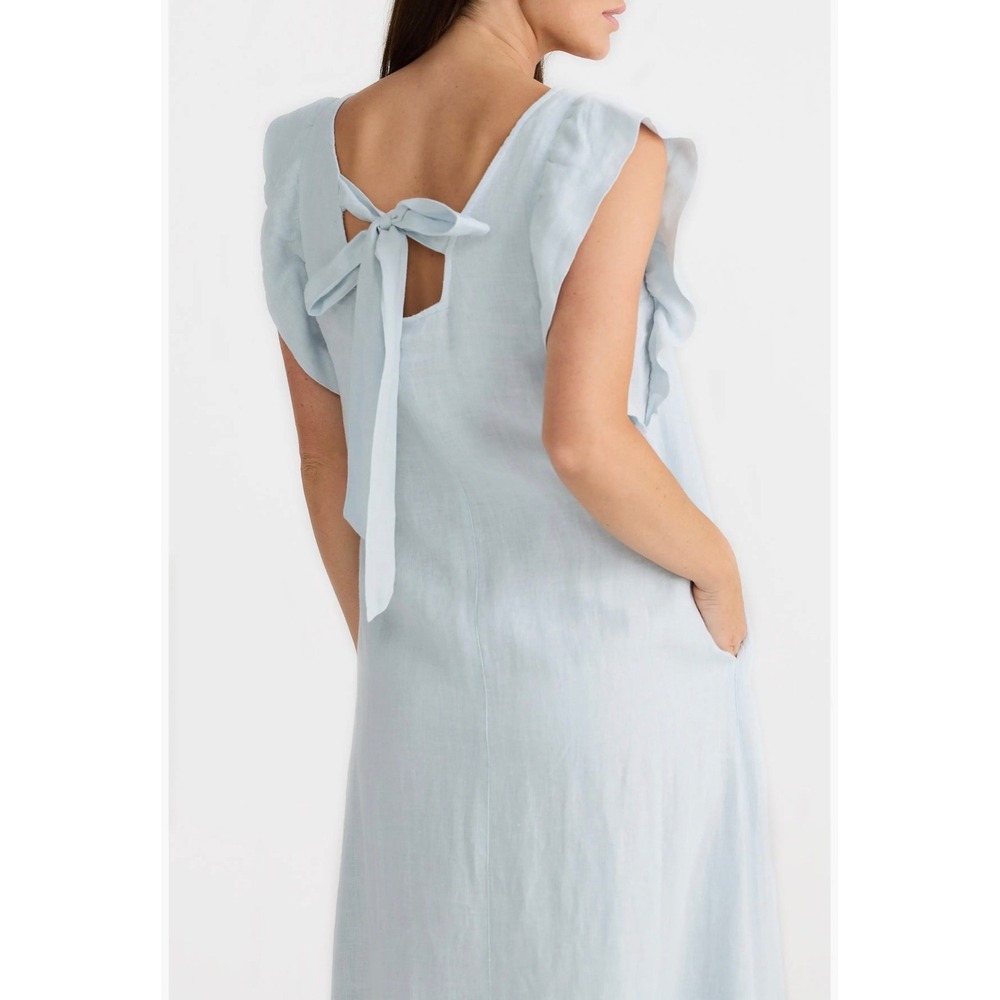 Brave and True Matilda Linen Sundress Light Blue Ruffle Sleeve Midi Dress L - Picture 4 of 6